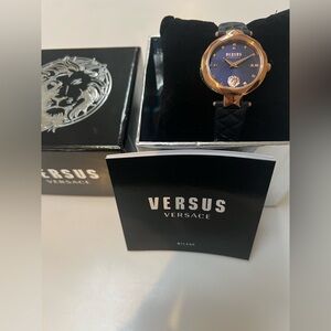 Versus Versace Blue Dial Rose Gold-Tone Covent Garden Leather Strap Watch, 32mm